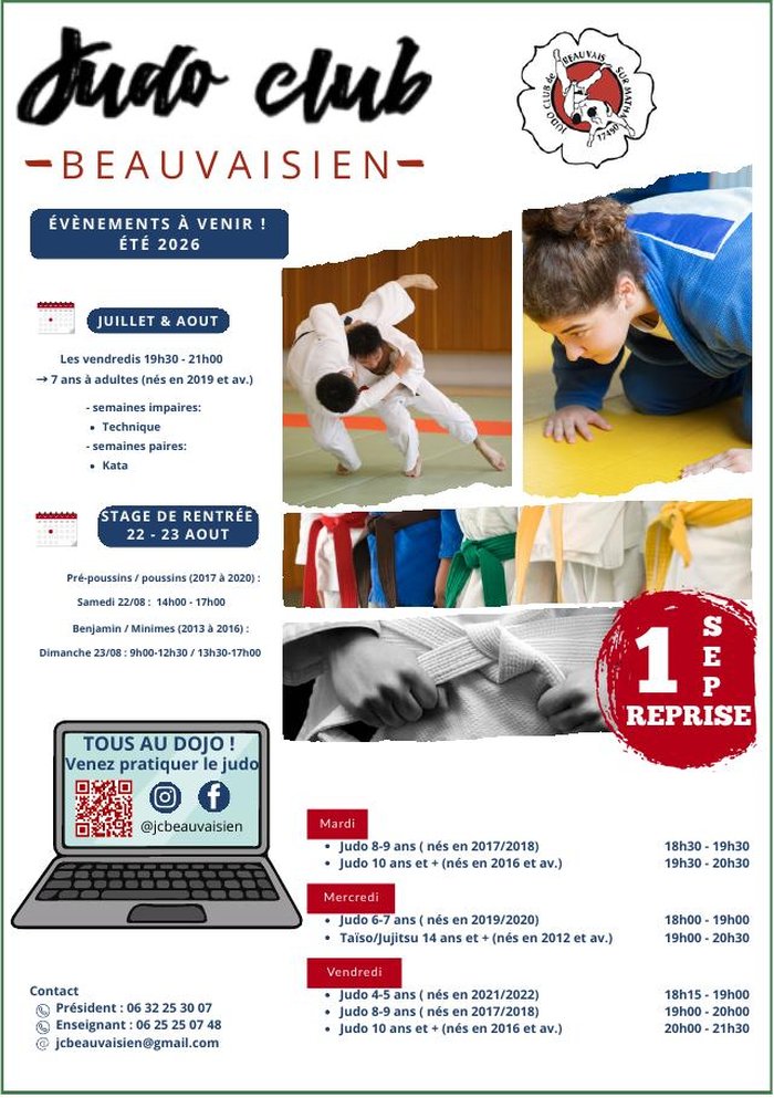 Affiche de la rentrée du Judo Club Beauvaisien : reprise le 1er septembre, créneaux du mardi, du mercredi et du vendredi, contacts du président et de l'enseignant.